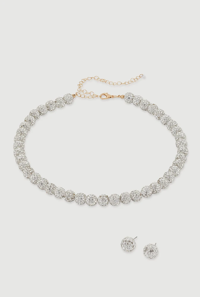 Womens Cubic Zirconia Beaded Necklace and Stud Earrings, Silver