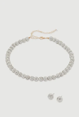 Womens Cubic Zirconia Beaded Necklace and Stud Earrings, Silver
