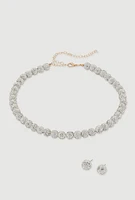 Womens Cubic Zirconia Beaded Necklace and Stud Earrings, Silver