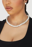 Womens Cubic Zirconia Beaded Necklace and Stud Earrings, Silver