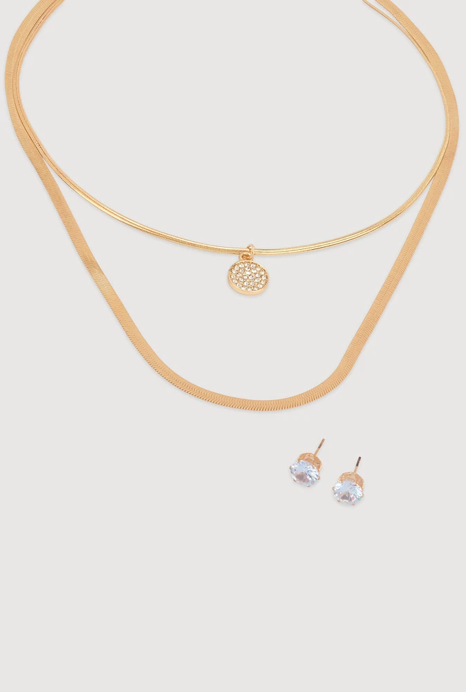 Womens Cubic Zirconia Layered Flat Necklace and Stud Earrings, Gold