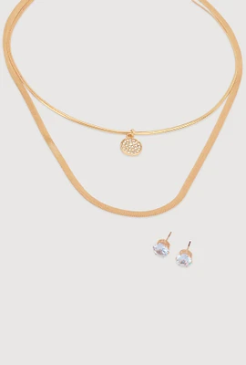 Womens Cubic Zirconia Layered Flat Necklace and Stud Earrings, Gold