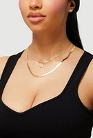 Womens Cubic Zirconia Layered Flat Necklace and Stud Earrings, Gold