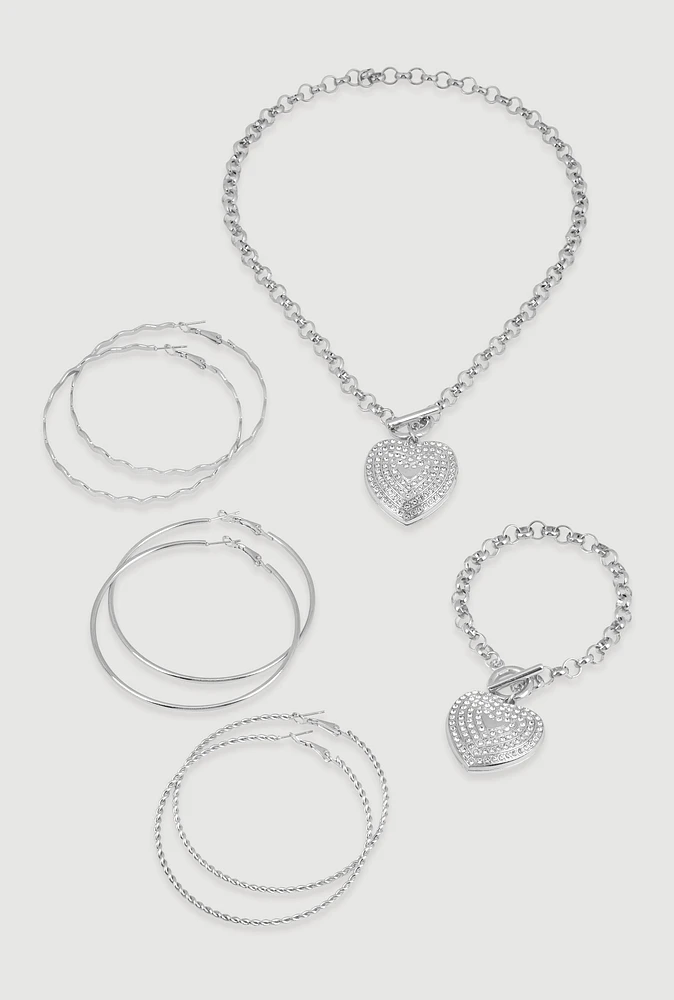 Womens Heart Toggle Necklace and Bracelet with Hoop Earring Trio, Silver