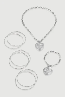 Womens Heart Toggle Necklace and Bracelet with Hoop Earring Trio, Silver