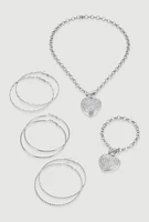 Womens Heart Toggle Necklace and Bracelet with Hoop Earring Trio, Silver