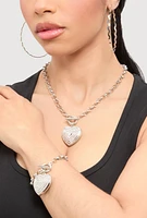 Womens Heart Toggle Necklace and Bracelet with Hoop Earring Trio, Silver