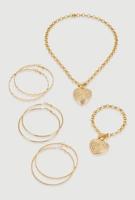 Womens Heart Toggle Necklace and Bracelet with Hoop Earring Trio,