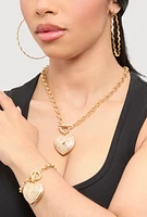 Womens Heart Toggle Necklace and Bracelet with Hoop Earring Trio,