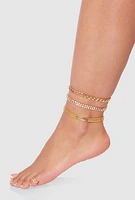 Womens Cubic Zirconia Chain Anklet Trio with Toe Ring, Gold