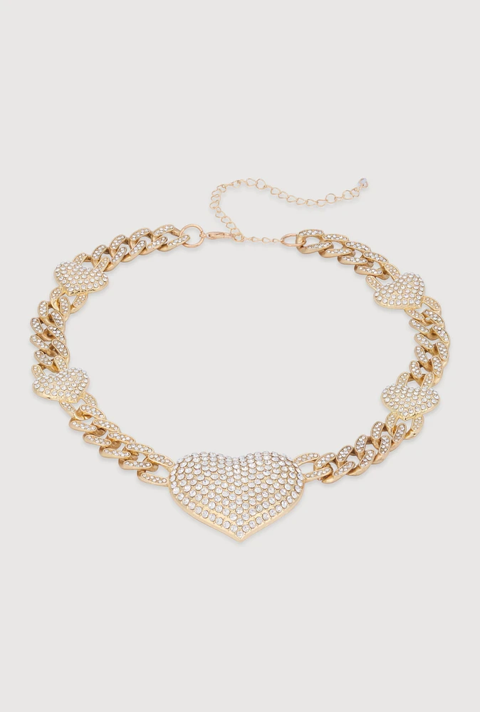 Womens Cubic Zirconia Pave Heart Chain Necklace, Gold