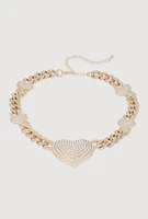 Womens Cubic Zirconia Pave Heart Chain Necklace, Gold