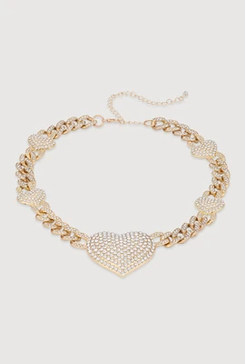 Womens Cubic Zirconia Pave Heart Chain Necklace, Gold