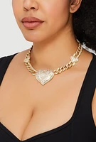 Womens Cubic Zirconia Pave Heart Chain Necklace, Gold