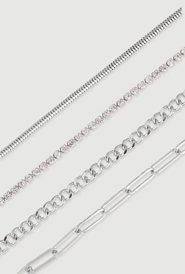 Womens Chain Anklets Set of 4, Silver