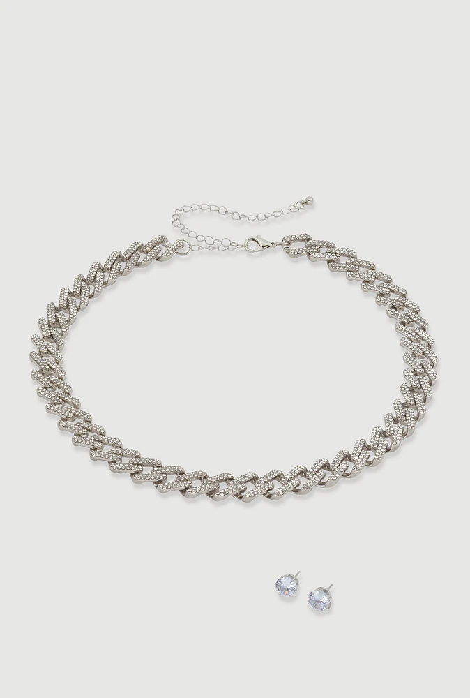 Womens Cubic Zirconia Chain Link Necklace with Stud Earrings, Silver