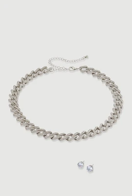 Womens Cubic Zirconia Chain Link Necklace with Stud Earrings, Silver
