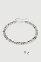 Womens Cubic Zirconia Chain Link Necklace with Stud Earrings, Silver