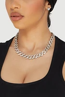 Womens Cubic Zirconia Chain Link Necklace with Stud Earrings, Silver