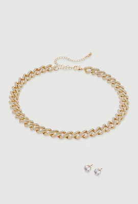 Womens Cubic Zirconia Chain Link Necklace with Stud Earrings, Gold
