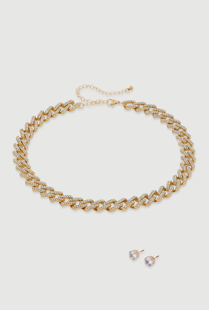 Womens Cubic Zirconia Chain Link Necklace with Stud Earrings, Gold