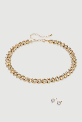 Womens Cubic Zirconia Chain Link Necklace with Stud Earrings, Gold