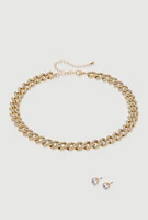 Womens Cubic Zirconia Chain Link Necklace with Stud Earrings, Gold