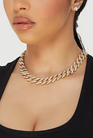 Womens Cubic Zirconia Chain Link Necklace with Stud Earrings, Gold
