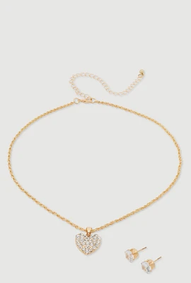 Womens Cubic Zirconia Heart Necklace with Stud Earrings, Gold