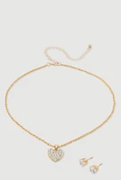 Womens Cubic Zirconia Heart Necklace with Stud Earrings, Gold