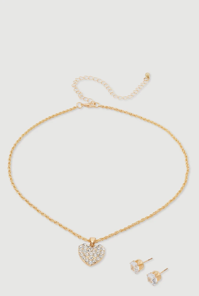 Womens Cubic Zirconia Heart Necklace with Stud Earrings, Gold