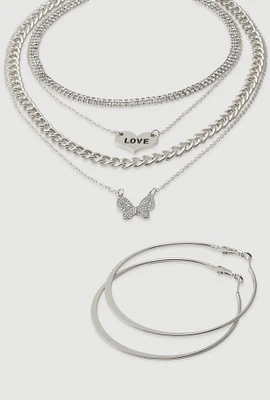 Womens Cubic Zirconia Butterfly Pendant Layered Necklace and Hoop Earrings, Silver