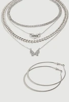 Womens Cubic Zirconia Butterfly Pendant Layered Necklace and Hoop Earrings, Silver
