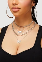 Womens Cubic Zirconia Butterfly Pendant Layered Necklace and Hoop Earrings, Silver