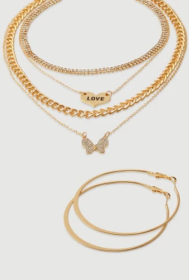 Womens Cubic Zirconia Butterfly Pendant Layered Necklace and Hoop Earrings, Gold