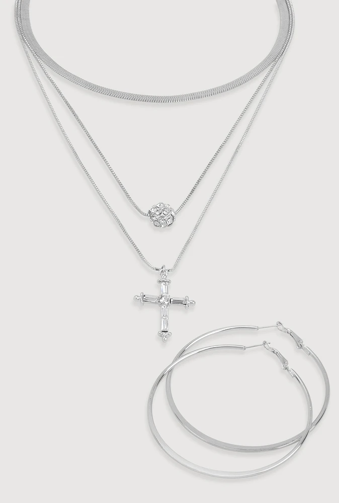 Womens Cubic Zirconia Cross Layered Necklace and Hoop Earrings, Silver