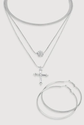 Womens Cubic Zirconia Cross Layered Necklace and Hoop Earrings, Silver