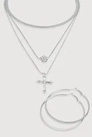 Womens Cubic Zirconia Cross Layered Necklace and Hoop Earrings, Silver