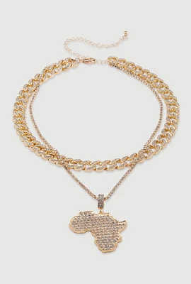 Womens Africa Pendant Layered Chain Link Tennis Necklace, Gold