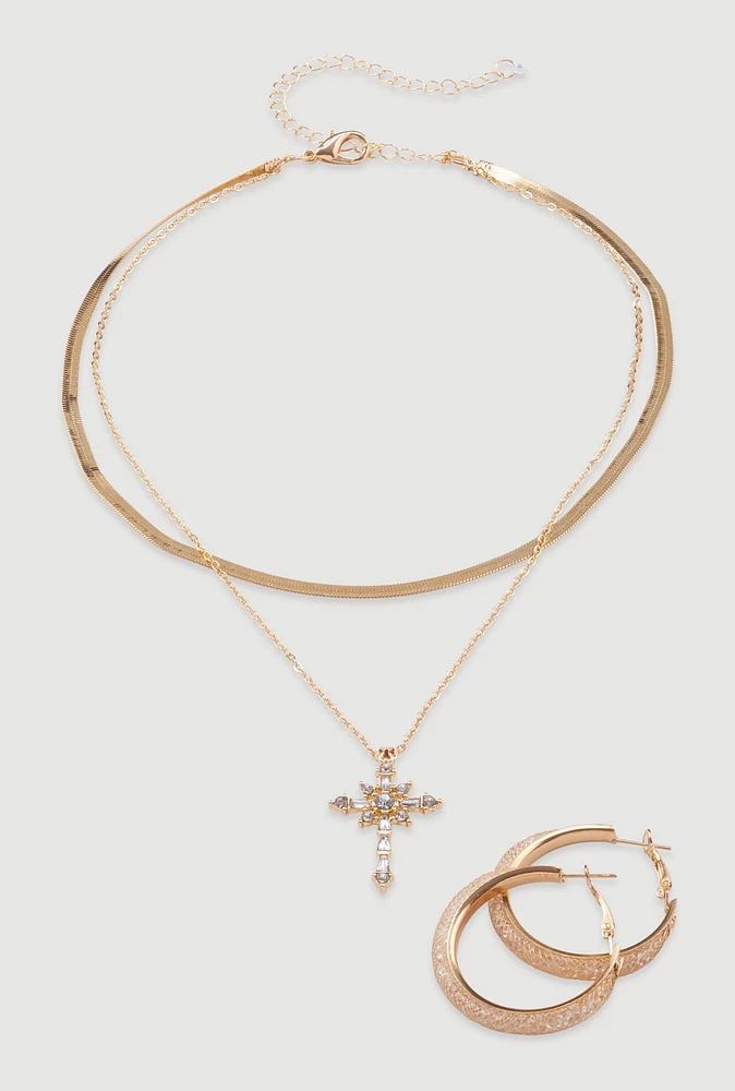 Womens Cubic Zirconia Cross Charm Layered Necklace with Hoop Earrings, Gold