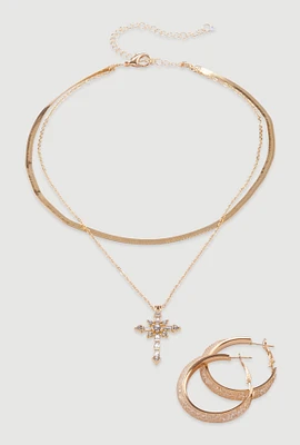 Womens Cubic Zirconia Cross Charm Layered Necklace with Hoop Earrings, Gold