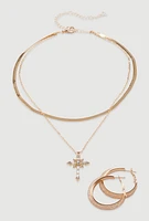 Womens Cubic Zirconia Cross Charm Layered Necklace with Hoop Earrings, Gold