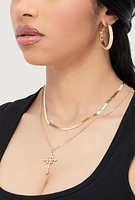 Womens Cubic Zirconia Cross Charm Layered Necklace with Hoop Earrings, Gold
