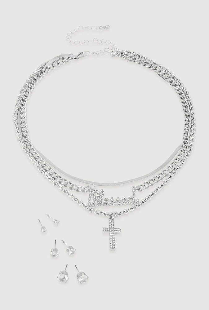 Womens Blessed Cross Layered Necklace with Stud Earring Trio Set, Silver