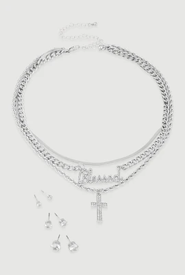 Womens Blessed Cross Layered Necklace with Stud Earring Trio Set, Silver