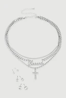 Womens Blessed Cross Layered Necklace with Stud Earring Trio Set, Silver
