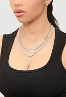 Womens Blessed Cross Layered Necklace with Stud Earring Trio Set, Silver