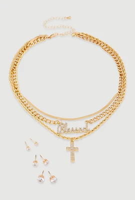 Womens Blessed Cross Layered Necklace with Stud Earring Trio Set,