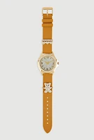 Womens Heart Bear Rhinestone Detail Analog Watch, Brown