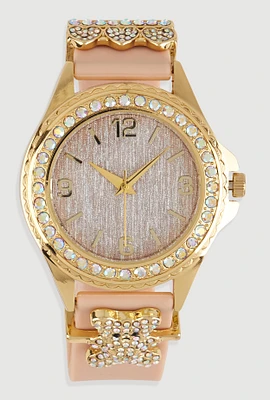 Womens Heart Bear Rhinestone Detail Analog Watch, Pink
